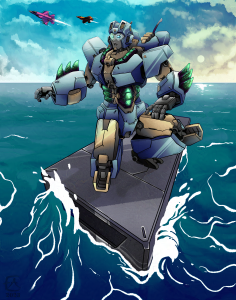 Full Colour Illustration of a robot standing on a crate in the ocean, two jetfighters flying in the sky behind it.
