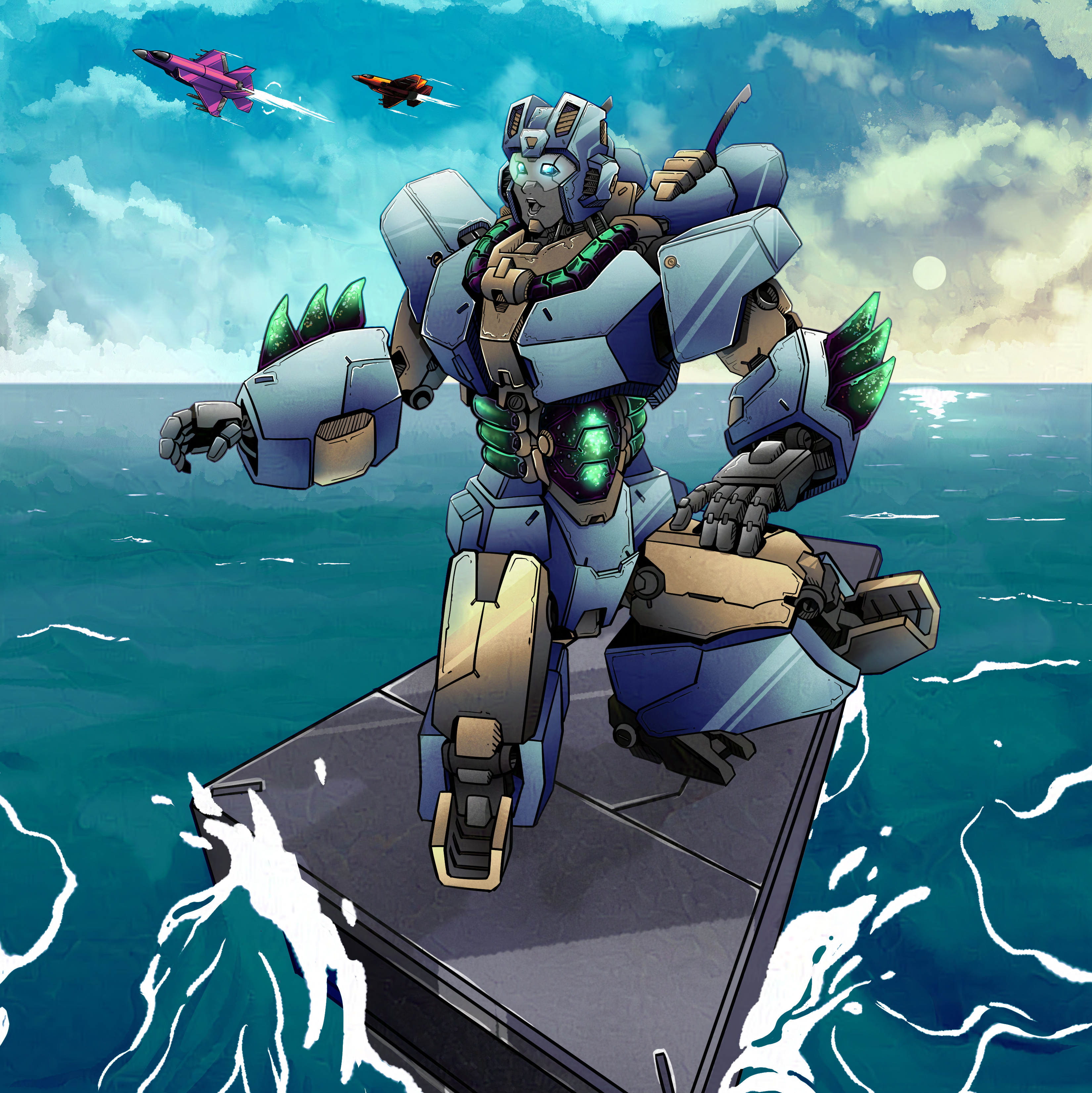 Full Colour Illustration of a robot standing on a crate in the ocean, two jetfighters flying in the sky behind it.