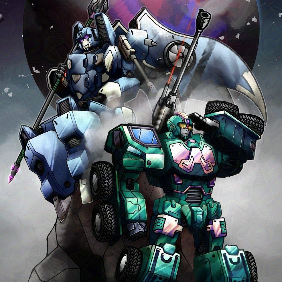 Illustrations of two mech robots on a space moon surface with a planet in the background.