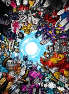 Coloured illustration of the transformers more than meets the eye crew towering over the camera viewpoint, all done in bright candy colours with a bright summer sky.